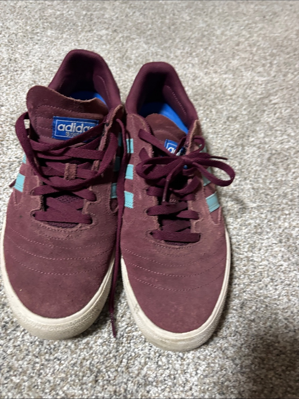 adidas Men's Maroon Suede Sneakers with Light Blue Stripes size 11